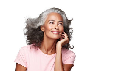 Black woman touch face with smooth healthy skin. Beautiful aging young looking woman with long gray...