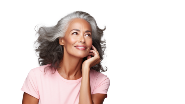 Black woman touch face with smooth healthy skin. Beautiful aging young looking woman with long gray hair and happy smiling, beauty and cosmetics advertising concept.