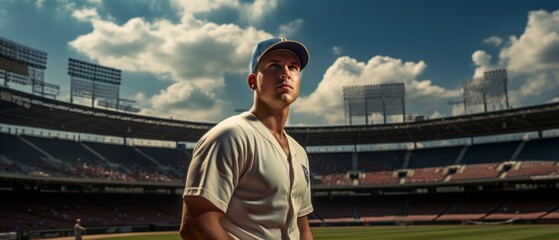 Baseball Player Ready in the Heart of the Stadium. Wide Banner with Copyspace - obrazy, fototapety, plakaty