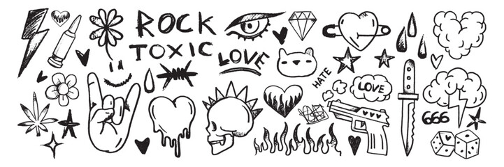Doodle grunge rock set, vector hand drawn graffiti groovy punk print kit, emo gothic heart sign. Marker scribble sticker, crayon wax paint collage icon, gun, fire, knife, stars. Street grunge doodle - obrazy, fototapety, plakaty