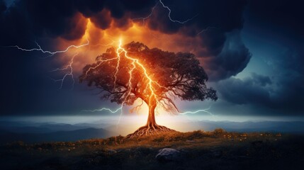 Gloomy stormy sky. Lightning strikes near a lonely tree. Natural disasters and cataclysms.