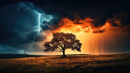 Fototapeta premium Gloomy stormy sky. Lightning strikes near a lonely tree. Natural disasters and cataclysms.