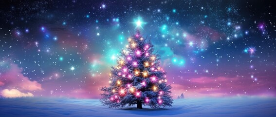  a brightly lit christmas tree in the middle of a snowy landscape with stars and snow flakes in the sky.