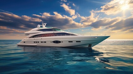 Luxury large super or mega motor yacht in the blue ocean.