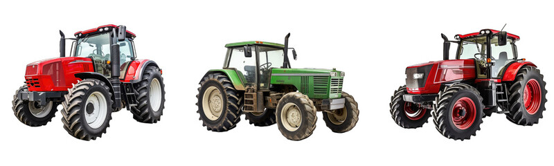 Collection of tractors on a white or transparent background generative ai