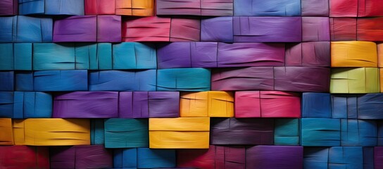  a close up of a multicolored wall made up of squares and rectangles of different shades of purple, blue, yellow, red, purple, green, and orange. - obrazy, fototapety, plakaty