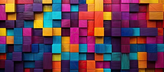  a multicolored wall made up of squares of different sizes and colors, with a pattern of rectangles and rectangles. - obrazy, fototapety, plakaty