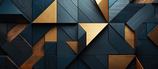 a close up of a wall made up of different shapes and sizes of wood planks with a blue and gold color scheme.