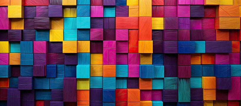  a multicolored wall made up of squares of different sizes and colors, with a pattern of rectangles and rectangles.