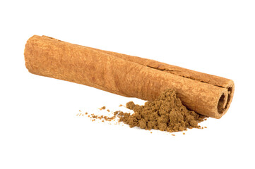 One cinnamon stick isolated on white background with shadow