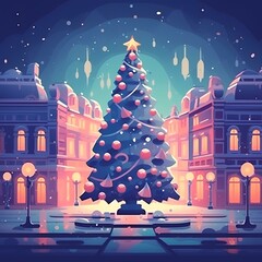 Beautiful Christmas Tree on Town Square - Cartoon
