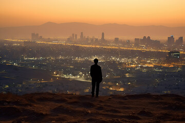 A man standing on top of a hill overlooking a city