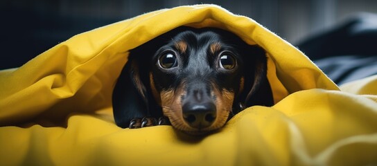  a small black and brown dog peeking out from under a yellow blanket on top of a black and white bed.