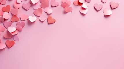  a pink background with lots of pink and red heart shaped confetti on the left side of the image.