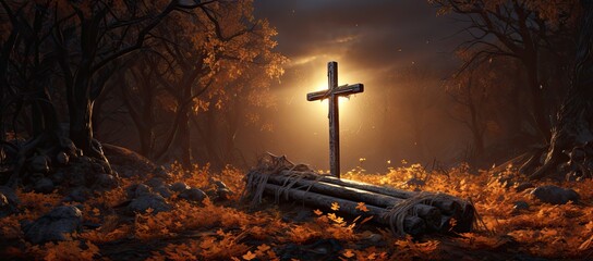  a cross sitting on top of a wooden pole in the middle of a forest under a light that is shining.