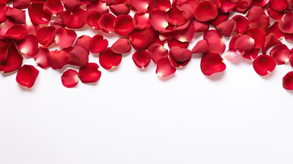  a bunch of red petals laying on top of a white surface with space for a text on the left side of the image.