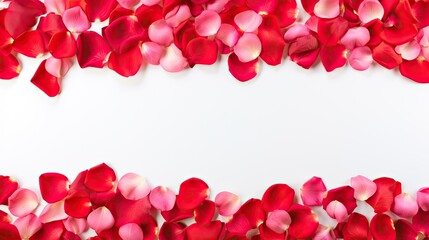  a bunch of red and pink petals on a white background with a place for a text or a name on the left side of the photo.