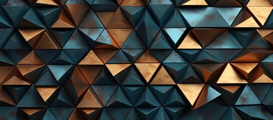  a wall made up of different shapes and sizes of blue and gold shapes and sizes of orange and blue triangles.