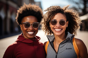 Portrait of multiracial friends in fashionable outfits posing in urban area - obrazy, fototapety, plakaty