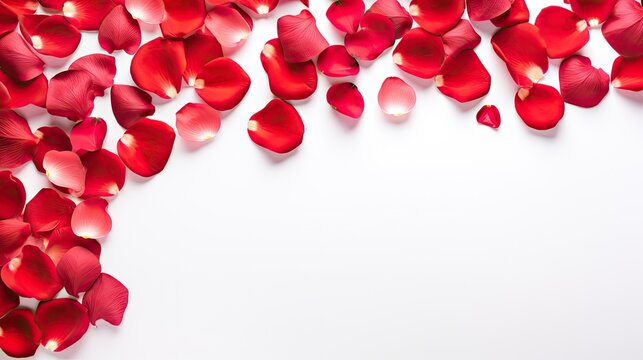  a white background with a bunch of red petals in the shape of a heart on the left side of the image.