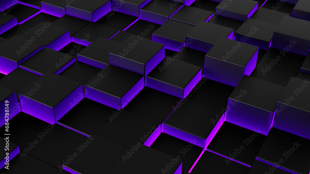 Poster 3d abstract black and neon purple color glowing background, 3d pattern surface with cube forms with glowing purple and black neon seams, modern 3d background minimalism backdrop empty space