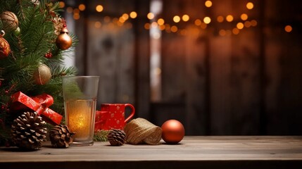Obraz na płótnie Canvas Christmas background, table with Christmas decoration, Christmas tree lights, bokeh effect