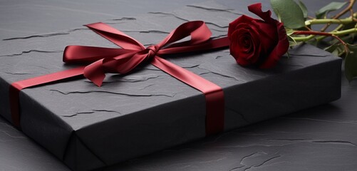 A modern, minimalist Valentine's gift box in matte black, accented with a single red rose, on a sleek marble surface.