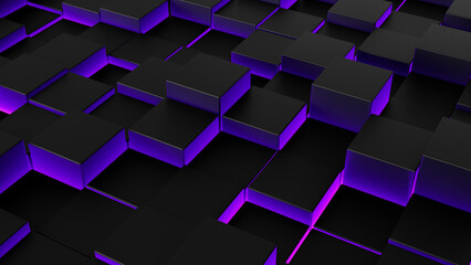 3d abstract black and neon purple color glowing background, 3d pattern surface with cube forms with glowing purple and black neon seams, modern 3d background minimalism backdrop empty space - obrazy, fototapety, plakaty