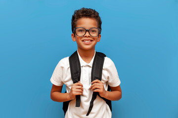 African American schoolboy in white polo shirt and glasses with backpack smiling on blue isolated...