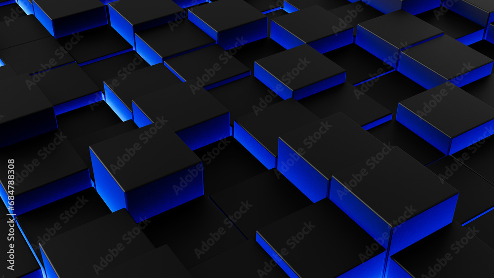 Aufkleber 3d abstract black and neon color glowing background, 3d pattern surface with cube forms with glowing neon seams, modern 3d background minimalism backdrop empty space