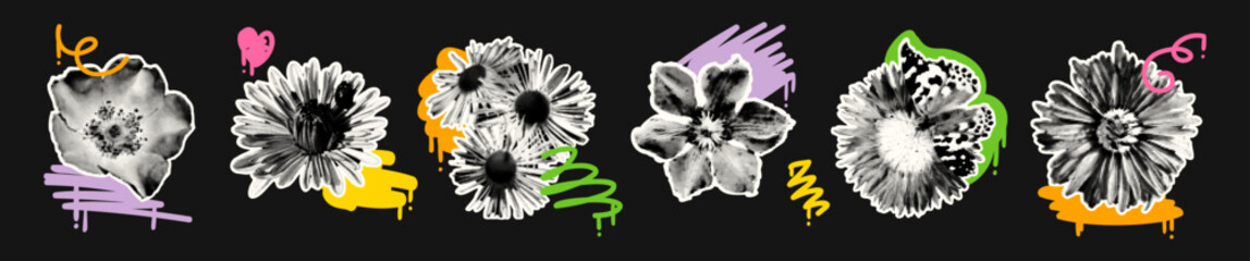 Wild flowers halftone collage elements set. Grunge cut out shapes, dotted clip art with graffiti spray paint scribbles. Trendy modern retro vector illustration for mixed media design