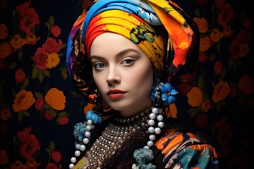 Naklejka premium Classic Renaissance portrait portrait of woman wearing colorful clothes, colorful and cheerful scene 