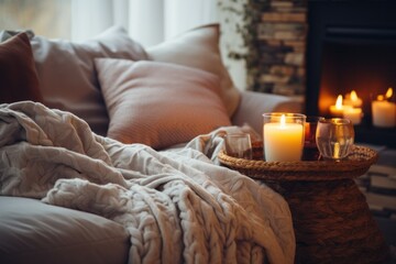 Peaceful and nostalgic winter retreat with sofa, covered with fur blanket and pillows and adorned with candles. Cozy scene with warm lighting, and scandinavian decor, hygge inspired Christmas