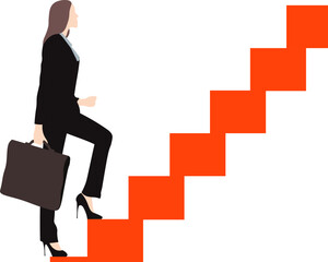 a woman in a black suit walks along the Red Staircase, career ladder