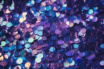 Blue and purple sequins that create dazzling background, round and shiny, reflecting the light in...