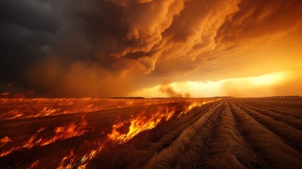 Burning fields with grain crops. Disasters and environmental disasters. - obrazy, fototapety, plakaty