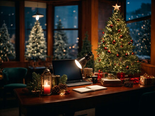 Obraz premium Christmas styled workspace office with garlands and Christmas tree. AI Generative