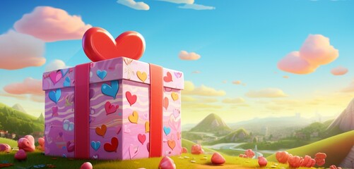 A playful, cartoon-themed Valentine's gift box, bursting with bright colors and fun characters, against a backdrop of a sunny sky and green hills.