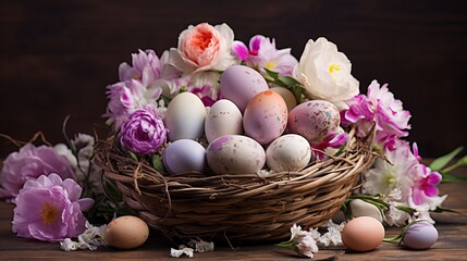 Fototapeta na wymiar A basket that is decorated with flowers and eggs