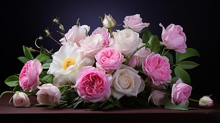 A combination of pink rose buds and white flowers in an assortment.