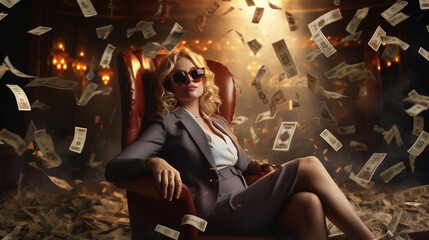 Wealthy businesswoman entrepreneur with sunglasses, elegant business attire, sitting on a sofa while stacked bills rain down in a mountain of money. Success and passive income of an influencer