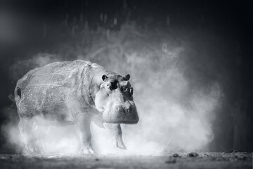 Hippopotamus, artist's black and white photograph of a hippo on the banks of the Zambezi River,...
