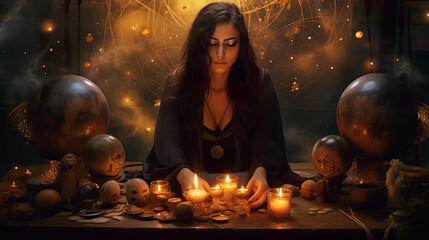 Young mystical witch with a black dress, long hair, and a magic amulet, performing a Wiccan ritual with candles and reciting a magical prayer against a golden background with sparkles