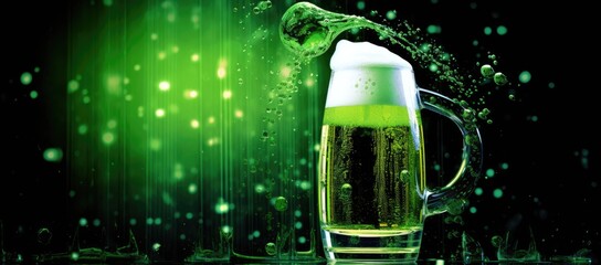  a glass of beer is being poured into a glass mug with a green liquid splashing out of the top.