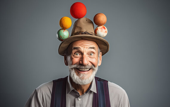 Portrait of an elderly juggler with a beard and hat performing a balancing act with juggling balls on his head doing a magic funny trick. Happy clown against a gray background