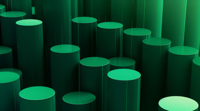 Ambient green cylinder shapes in abstract form set against a dark scene.