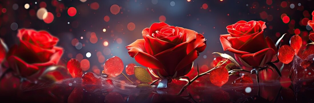  a group of red roses sitting next to each other on a black and red background with drops of water on the petals.
