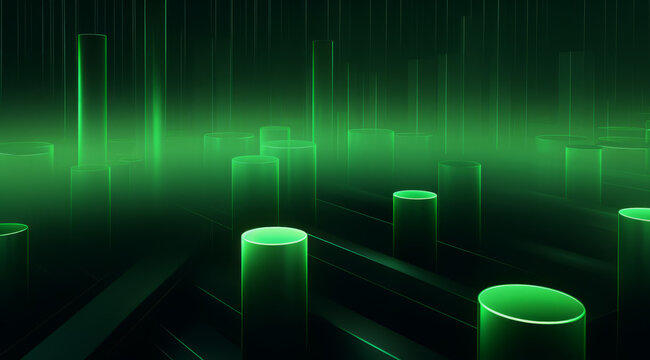A geometric array of green cylinders in an abstract, vibrant design.