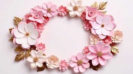 Fototapeta na wymiar A photo frame made of pink and white paper that features flowers