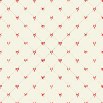 Geometric seamless pattern with red bows and gold mesh.